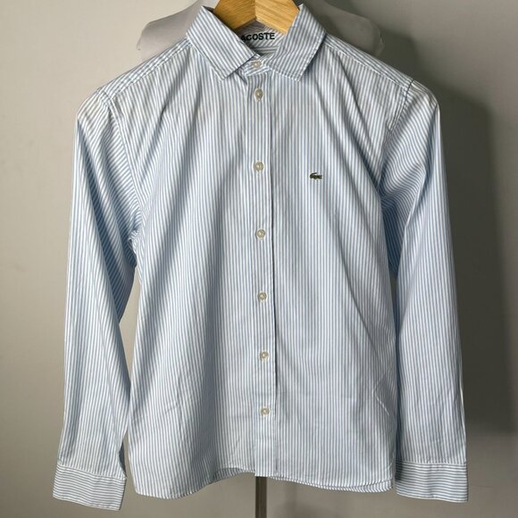NWT Lacoste Kids' White Blue Striped Print Oxford Cotton Shirt Size 14 Years - Picture 1 of 8